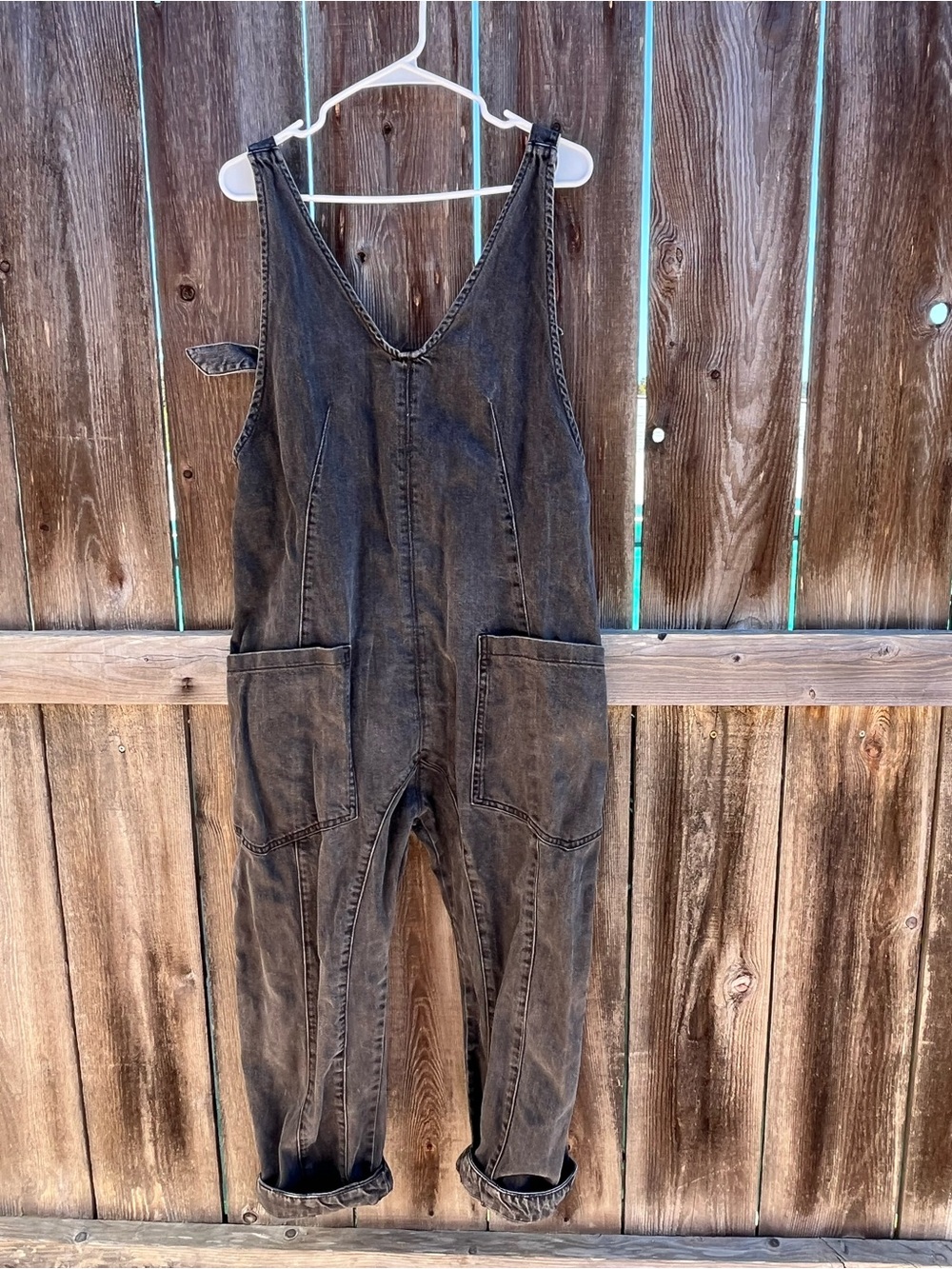 We The Free Distressed Black Washed Denim Overalls Jumpsuit